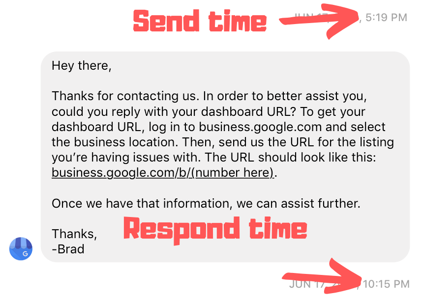 Google My Business Facebook Messenger support request response time