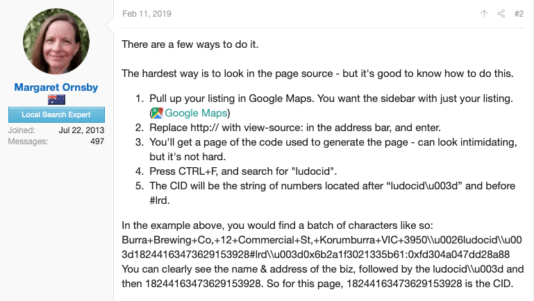 How to find your CID from the page source of a maps listing