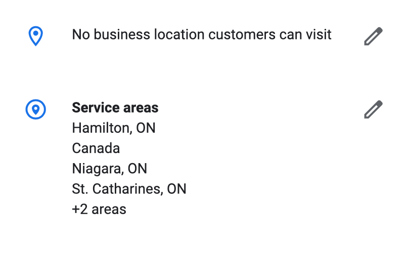 Service area business listing, with areas, but no location for customers to visit
